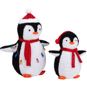 2-Piece Lighted Plush Penguins Christmas Yard Decorations, Set Of 2 Pre-lit Pull Up Penguins With 150 Warm White LEDs, Multi-color Light String And St