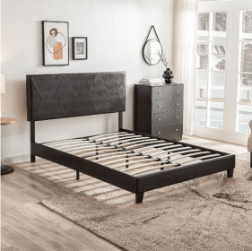 Queen-sized Upholstered Platform Bed Frame For Easy Assembly, Black, PU