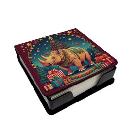 Rhinoceros Christmas PU Leather Note Paper Holder with Artist-Designed Cover, Desk Accessory, Office Gift