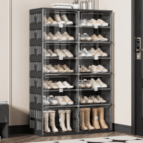 Dual-type Shoe Storage, Hard Plastic Stackable Shoe Box, Folding Shoe Rack With Magnetic Door (Option: Black1)